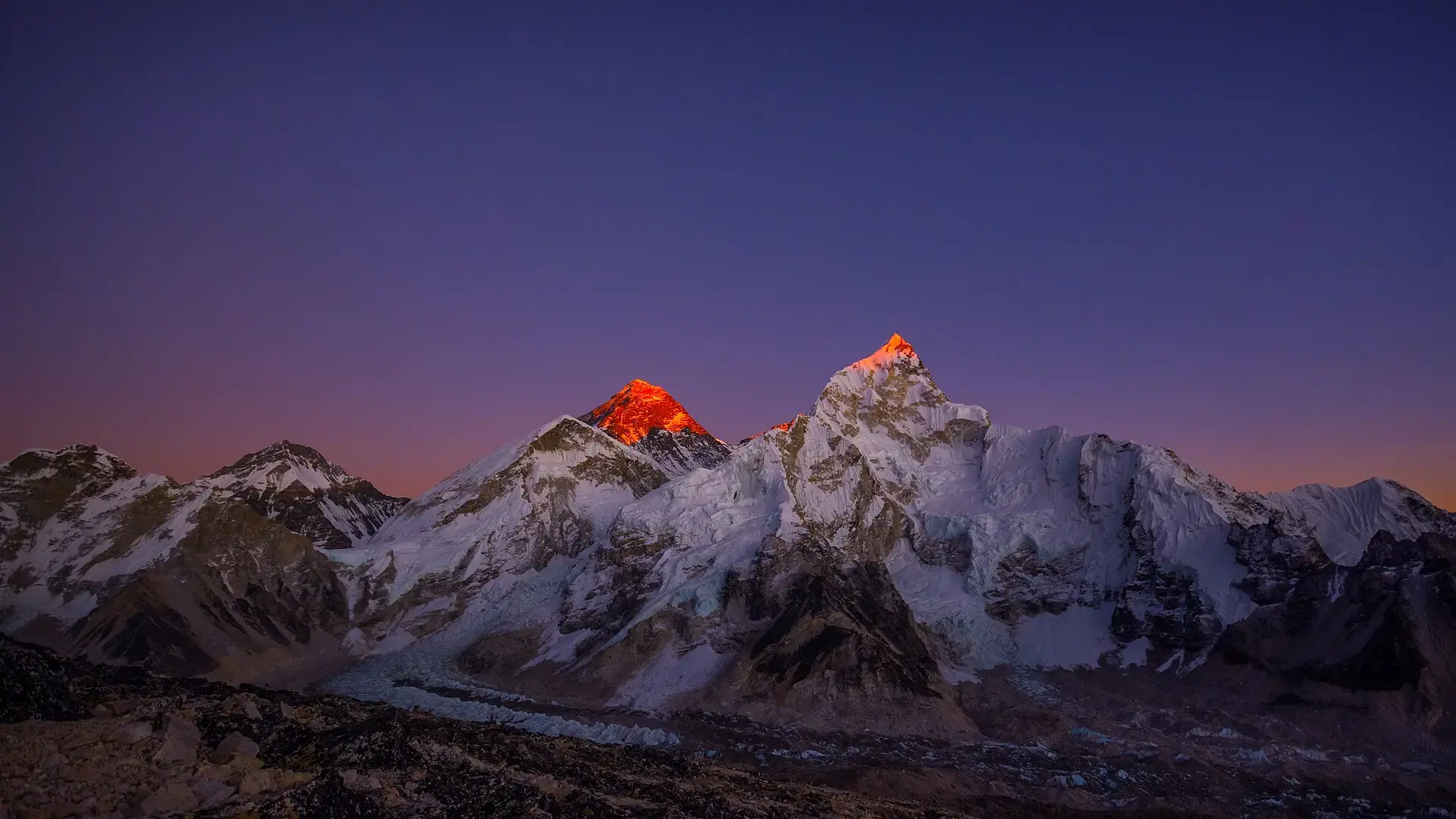 First light on Everest above a sea of cloud